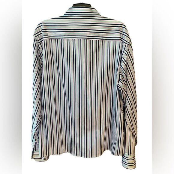 Bugatchi Sz XL* Seafoam Green Navy Blue Stripes Plaid Flip Cuffs Dress Shirt - Picture 3 of 7